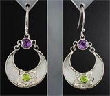 Серьги с перламутром, аметистами и перидотами Серебро 925