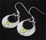 Серьги с перламутром, аметистами и перидотами Серебро 925