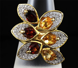 Оригинальное кольцо с цитринами и гранатами Серебро 925