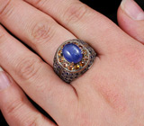 Черненое кольцо с танзанитом, золотистыми сапфирами и аметистами Серебро 925