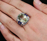 Кольцо с зеленым аметистом и синими сапфирами Серебро 925