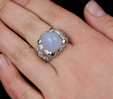 Кольцо с кабошоном халцедона, цаворитами и сапфирами Серебро 925