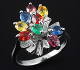 Эффектное кольцо с изумрудом и разноцветными сапфирами Серебро 925