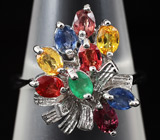 Эффектное кольцо с изумрудом и разноцветными сапфирами Серебро 925