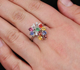 Эффектное кольцо с изумрудом и разноцветными сапфирами Серебро 925