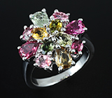 Яркое кольцо с разноцветными турмалинами Серебро 925