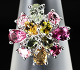 Яркое кольцо с разноцветными турмалинами Серебро 925
