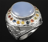 Массивное кольцо с лавандовым халцедоном и разноцветными сапфирами Серебро 925