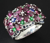 Роскошное кольцо с родолитами, цаворитами и синими сапфирами Серебро 925