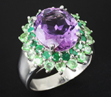 Замечательное кольцо с аметистом, изумрудами и цаворитами Серебро 925