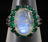 Кольцо с лунным камнем и зелеными агатами Серебро 925