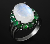 Кольцо с лунным камнем и зелеными агатами Серебро 925