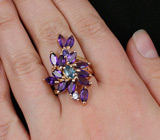 Прелестное кольцо с голубым цирконом, аметистами, танзанитами и перидотами Серебро 925