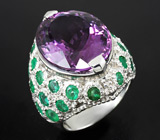 Роскошное крупное кольцо с аметистом и изумрудами Серебро 925