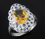 Кольцо с золотистым цитрином и синими сапфирами Серебро 925