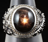 Кольцо cо звездчатым сапфиром и черными шпинелями Серебро 925