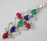 Кулон-крест с индийскими изумрудами, сапфирами и рубинами Серебро 925