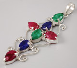 Кулон-крест с индийскими изумрудами, сапфирами и рубинами Серебро 925