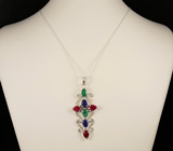 Кулон-крест с индийскими изумрудами, сапфирами и рубинами Серебро 925