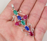 Кулон-крест с индийскими изумрудами, сапфирами и рубинами Серебро 925