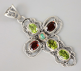 Кулон-крест с эфиопским опалом, перидотами и гранатами Серебро 925