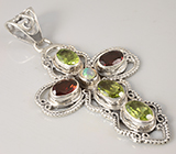 Кулон-крест с эфиопским опалом, перидотами и гранатами Серебро 925