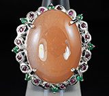 Крупное кольцо с лунным камнем, изумрудами и сапфирами Серебро 925