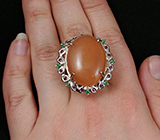 Крупное кольцо с лунным камнем, изумрудами и сапфирами Серебро 925