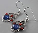 Серьги с кианитами и кораллами Серебро 925