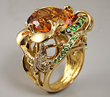 Кольцо с золотисто-оранжевым цитрином, сапфирами, цаворитами и бриллиантами Золото