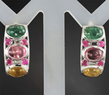 Серьги с кабошонами разноцветных турмалинов и пурпурными сапфирами Серебро 925