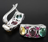 Серьги с кабошонами разноцветных турмалинов и пурпурными сапфирами Серебро 925