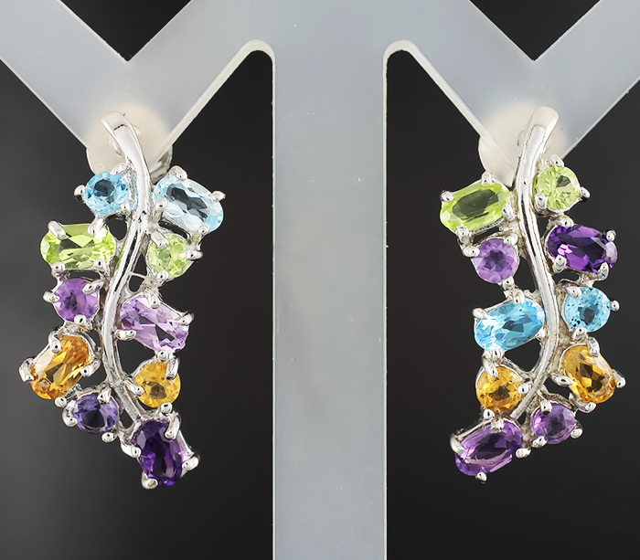 Серьги с перидотами, аметистами, топазами и цитринами