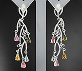 Великолепные серьги с подвесками разноцветных турмалинов Серебро 925