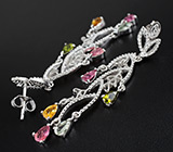 Великолепные серьги с подвесками разноцветных турмалинов Серебро 925