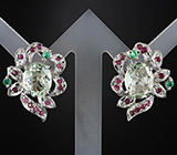 Серьги с зелеными аметистами, изумрудами и пурпурными сапфирами Серебро 925