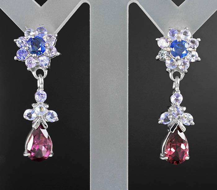 Прелестные серьги с родолитами, синими сапфирами и танзанитами