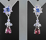 Прелестные серьги с родолитами, синими сапфирами и танзанитами Серебро 925