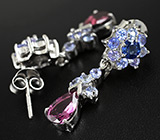 Прелестные серьги с родолитами, синими сапфирами и танзанитами Серебро 925