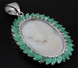 Кулон с перламутровой камеей и изумрудами Серебро 925