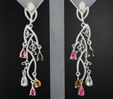 Великолепные серьги с подвесками разноцветных турмалинов Серебро 925