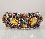 Браслет с золотистыми цитринами, родолитами гранатами и разноцветными сапфирами Серебро 925