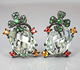 Серьги с зелеными аметистами, цаворитами гранатами, оранжевыми и желтыми сапфирами Серебро 925