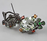 Серьги с зелеными аметистами, цаворитами гранатами, оранжевыми и желтыми сапфирами Серебро 925