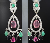 Превосходные серьги с разноцветными сапфирами, изумрудами и бесцветными топазами Серебро 925