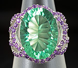 Кольцо с зеленым флюоритом и аметистами Серебро 925