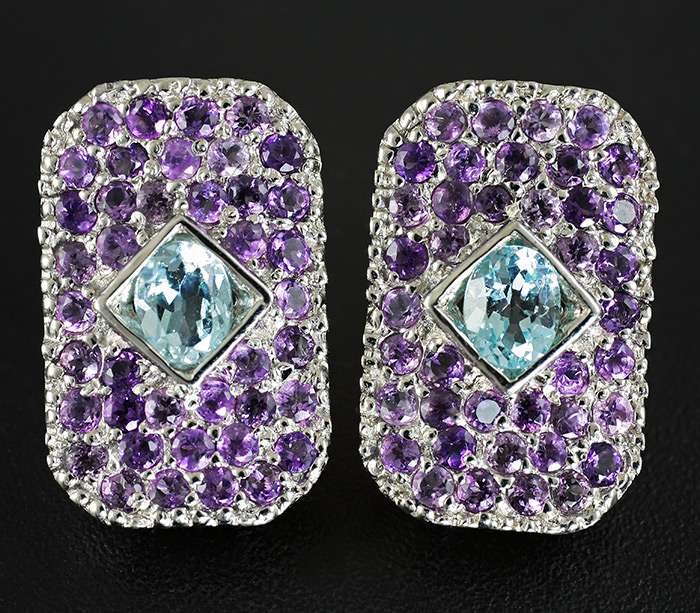 Серьги с голубыми топазами и аметистами