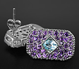 Серьги с голубыми топазами и аметистами Серебро 925