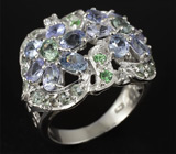 Превосходное кольцо с танзанитами, зелеными сапфирами и цаворитами Серебро 925