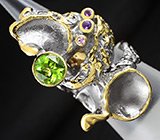 Кольцо с перидотом, аметистами и розовым сапфиром от "Goldlip" Серебро 925